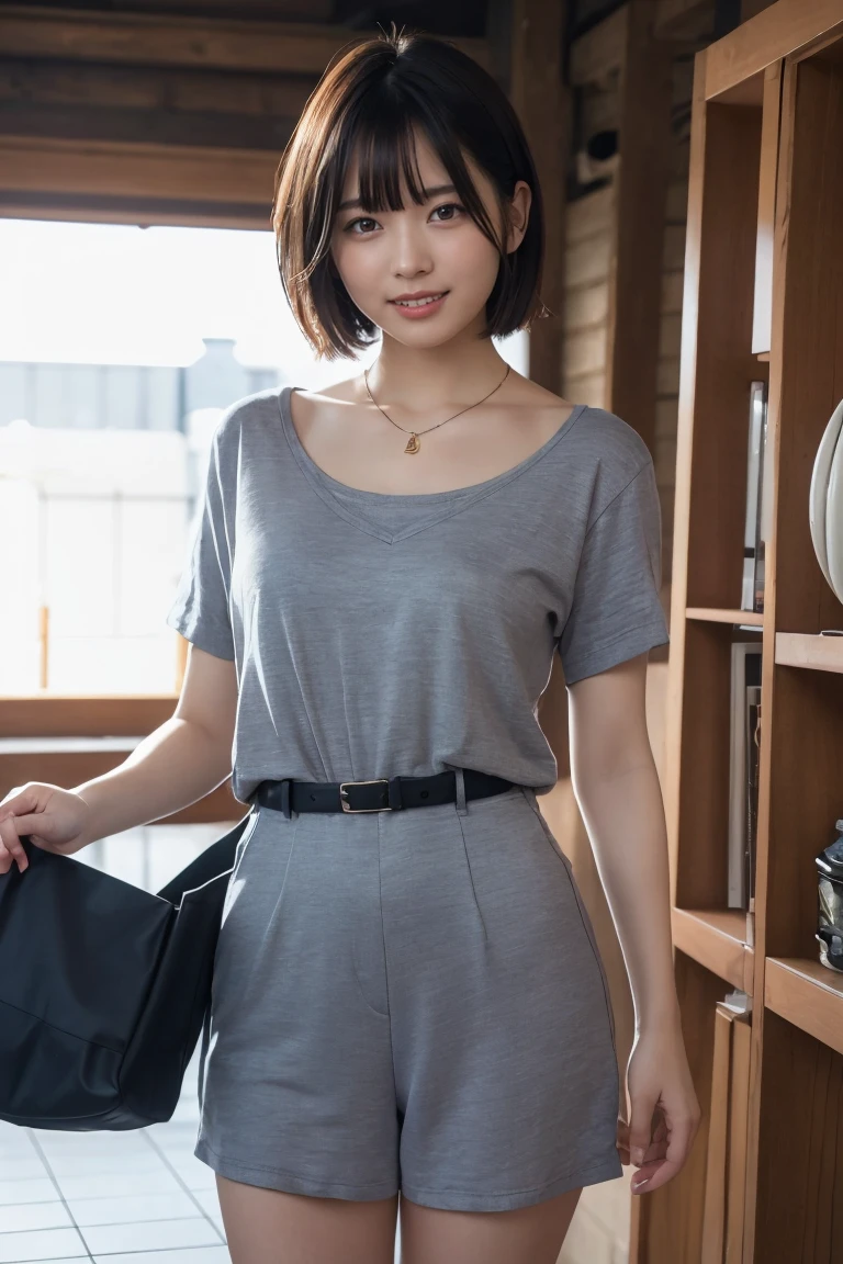 ((8k:1.27)、Highest quality、masterpiece、Ultra-high resolution:1.2)Photo Beautiful Japan woman (Comfortable:1.1) (Grey clothes:1.21) Designed by Greg Rutkowski and Alphonse Mucha Exquisite Elegance、Fantasy、detailed、geometry、Gradient lighting、One Girl、26 years old、Delicate skin、Looking at the audience、Brown eyes、(Flaxen short hair:1.2)、(Small breasts:1.0)、(middle breast wheel:0.8)、(Photorealistic:1.4)、(Highest quality:1.0)、(Ultra-high resolution:1.0)、(Without the use of hands:1.0)、8k、RAW Photos、 (Representative Song: 0.2), (Pure Eros Face_v1:0.5)、Tight clothing、tote bag、No sleeve、one piece、No sleeve、See through、smile、necklace、Linen Material、shirt、Ginza 4th Street、after work、evening、Business Fashion、Parted bangs、Hair is tied、A kind smile、Bust biting into the belt of the bag、Small breasts、Please stand up straight.、On the chest、