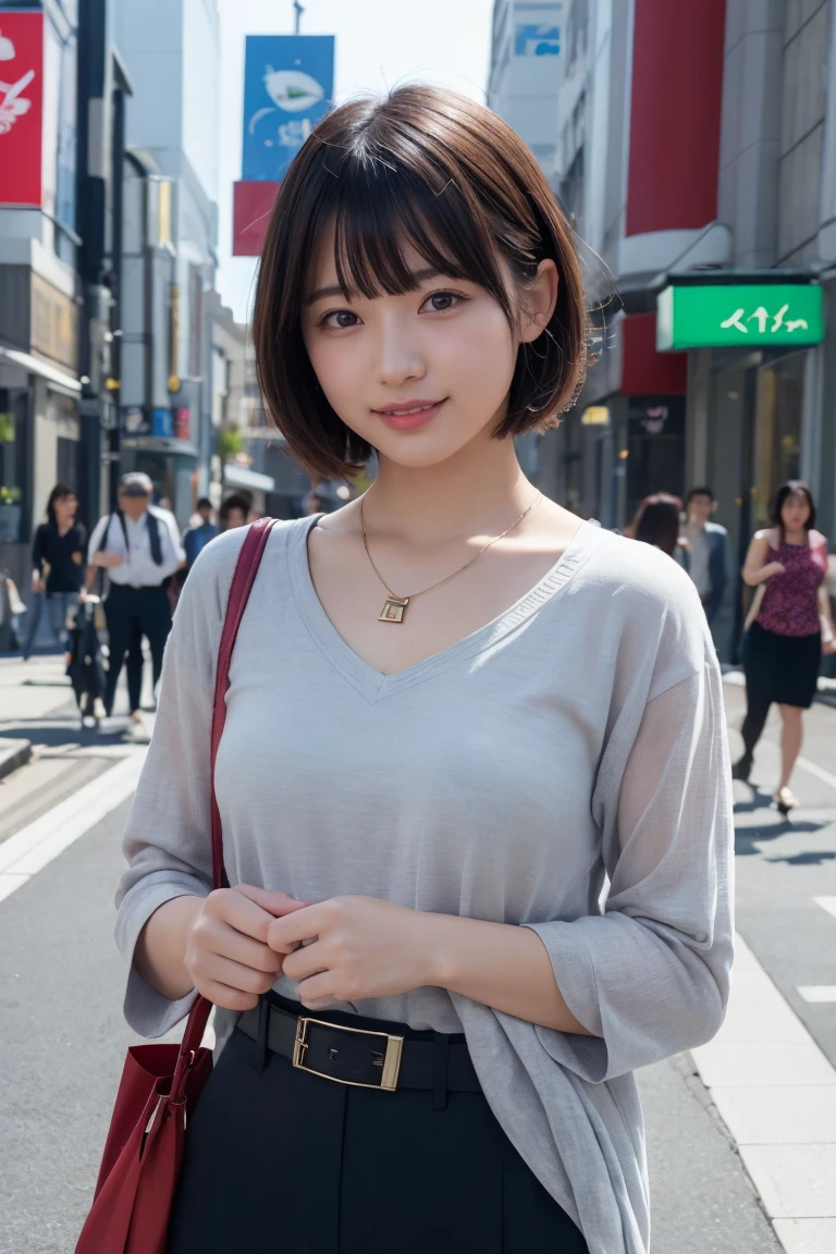 ((8k:1.27)、Highest quality、masterpiece、Ultra-high resolution:1.2)Photo Beautiful Japan woman (Comfortable:1.1) (Grey clothes:1.21) Designed by Greg Rutkowski and Alphonse Mucha Exquisite Elegance、Fantasy、detailed、geometry、Gradient lighting、One Girl、26 years old、Delicate skin、Looking at the audience、Brown eyes、(Flaxen short hair:1.2)、(Small breasts:1.0)、(middle breast wheel:0.8)、(Photorealistic:1.4)、(Highest quality:1.0)、(Ultra-high resolution:1.0)、(Without the use of hands:1.0)、8k、RAW Photos、 (Representative Song: 0.2), (Pure Eros Face_v1:0.5)、Tight clothing、tote bag、No sleeve、one piece、No sleeve、See through、smile、necklace、Linen Material、shirt、Ginza 4th Street、after work、evening、Business Fashion、Parted bangs、Hair is tied、A kind smile、Bust biting into the belt of the bag、Small breasts、Please stand up straight.、On the chest、