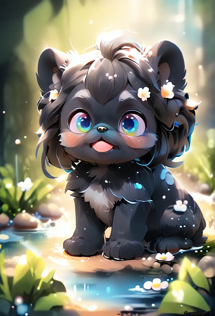 a 2 adorable very small very black Shih Tzu puppies with big bright blue eyes,extremely detailed eyes and face,longeyelashes,wearing blue collars and sunglasses,playing in creek,butterflies and flowers in background,3D Pixar style,photorealistic,masterpiece,vibrant colors,studio lighting,ultra-detailed,sharp focus,physically-based rendering,professional