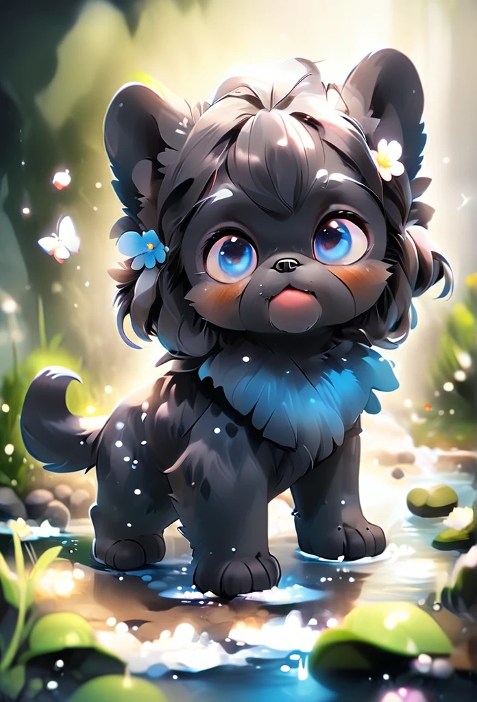 a 2 adorable very small very black Shih Tzu puppies with big bright blue eyes,extremely detailed eyes and face,longeyelashes,wearing blue collars and sunglasses,playing in creek,butterflies and flowers in background,3D Pixar style,photorealistic,masterpiece,vibrant colors,studio lighting,ultra-detailed,sharp focus,physically-based rendering,professional