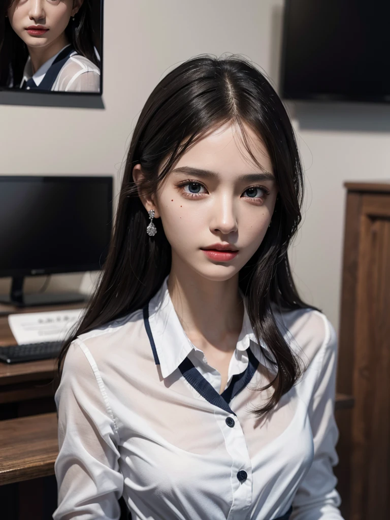 absurdres, RAW photo, extremely delicate and beautiful, masterpiece, Best Quality, ultra high resolution, 32k, hyperrealistic, ultra-detailed, perfect anatomy, anatomically correct, perfect figure, Perfect Style, Perfect balance, super Detailed skin, in her 30s, very Slim body, narrow waist, very small head, very small face, delicate facial features, handsome detailed woman, very detailed eyes and face, realistic face proportions, Realistic beautiful face, Realistic beautiful eyes, tearful mole, earring, big tits, whole body shot, medium hair, military jacket, school_uniform, skirt, (dress shirt:1.2),