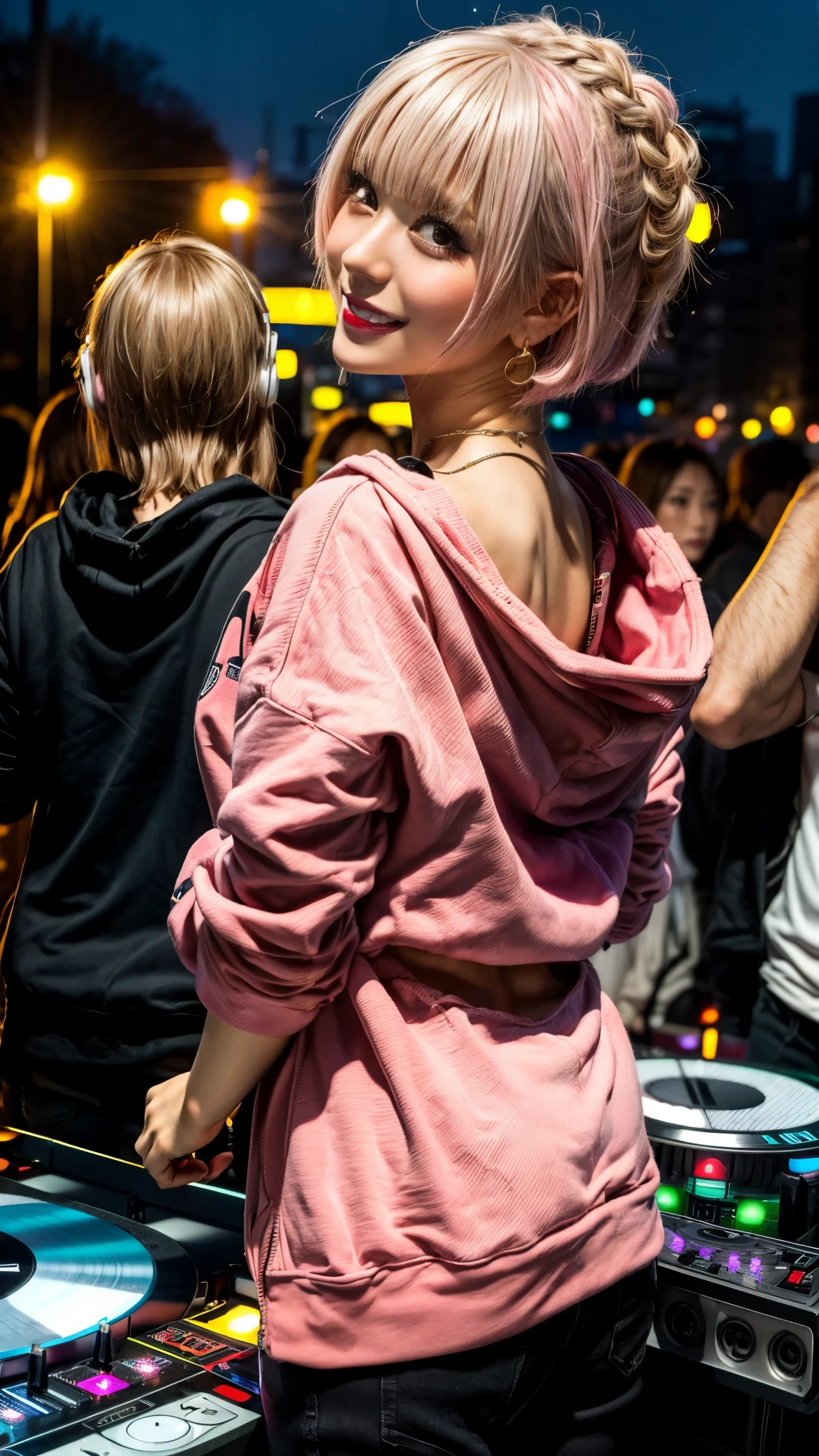 Highest quality, Tabletop, Ultra-high resolution, (Realistic:1.4), (Japanese Idols),RAW Photos, One Girl, night,Detailed skin,nightclub,Disco,(blonde:1.2), (Pink inner hair:1.3),Glossy Lips,smile,21 years old,Beautiful and beautiful eyes,eye shadow,Diamond jewellery,Earrings,Gold Jewelry,(hoodie:1.3),,(Shoulder strengthening:1.2),A well-trained body,(Pixie Cut),Round face,(playing music as a DJ:1.5),  (DJ:1.2) Vibrant performances (Music Festival:1.2) and (Lively crowd:1.1) and (Colorful stage lighting:1.1), (Back view:1.5 ),Back view,A slightly distant composition,(back of head)