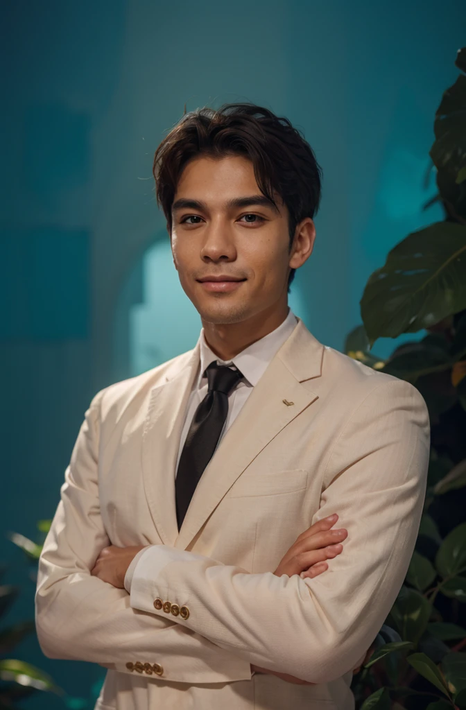 Frontal view , Portrait of man in black suit smiling , coral background editorial style highdefinition ultrarealistic details in the style of portrait photography