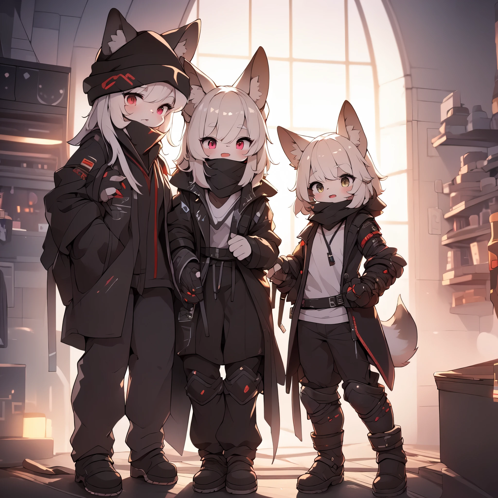 Kawaii, Striped Fluffy Fox, emaciated, long hair, 3girls, flawless skin, life support prosthetics, digital headphones, white long t-shirt, brown pantyhose, loose off-the-shoulder hood open jacket, belted long boots, tactical knee pads, loose Arm Sleeves, cybernetic Display gloves, chest rigs, tactical belts, ray tracing, depth of field, bloom, masterpiece, accurate, extreme detail description, volumetric lighting, rim lighting, chiaroscuro lighting, beautiful detailed face, physically-based rendering, HDR, UHD, anatomically correct, vivid colors, poleaxe