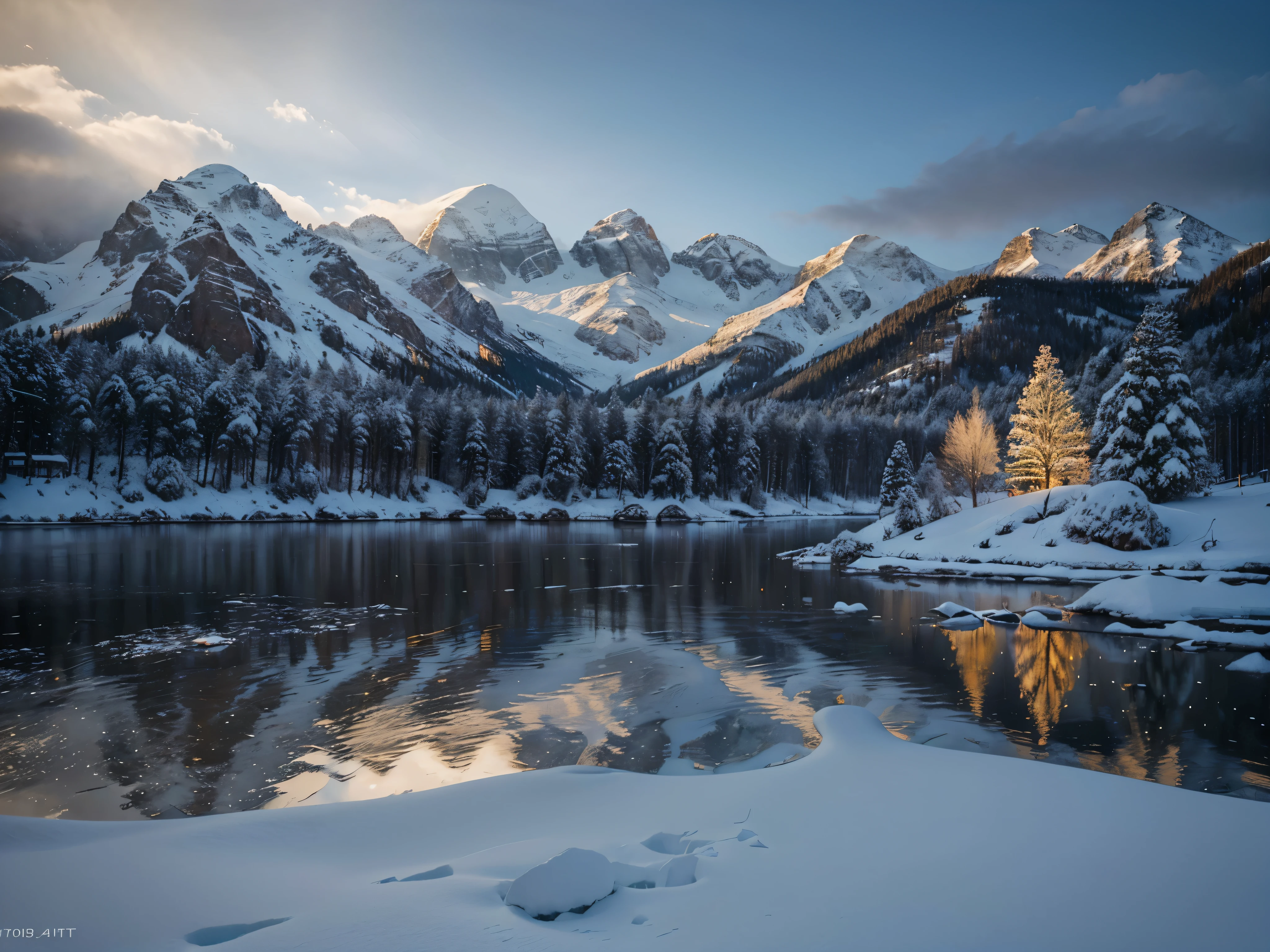 A beautiful winter landscape, 1 Christmas tree, snow-covered mountains, a frozen lake, warm cozy lighting, magical atmosphere, (best quality,4k,8k,highres,masterpiece:1.2),ultra-detailed,(realistic,photorealistic,photo-realistic:1.37),3D rendering,highly detailed,intricate details,vivid colors,dramatic lighting,volumetric fog,cinematic composition,snow, icicles, holiday decorations, warm color tones
