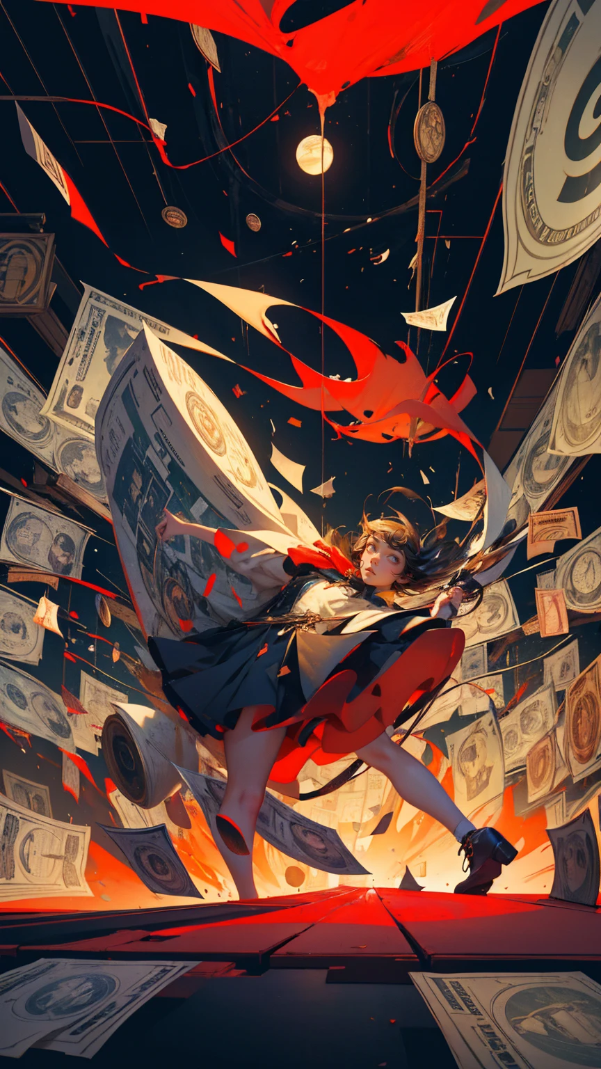 A surreal digital artwork depicting the concept "Saves you from using on top and selling down at bottom", featuring a girl climbing a ladder with posters, charts, graphs, paper money and coins flying around him in chaos. The background is red, with stock market graphics and bitcoin symbols behind it. In the style of Surrealism, with high resolution, detailed textures, bright colors, and a bold contrast ween light and dark