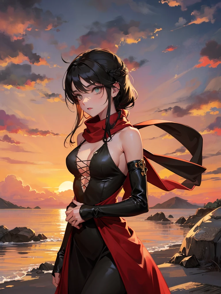 medieval setting, full view of body, 1 skinny female with large breast, beatiful smokey green eyes, black hair pinned up, shoulder free beautiful kurtisan dress, red scarf around her neck, eerie sunset