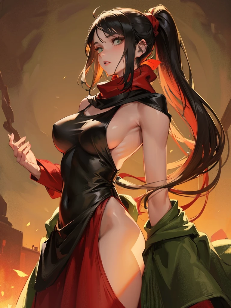 medieval setting, full view of body, 1 skinny female with large breast, beatiful smokey green eyes, black hair pinned up, shoulder free beautiful kurtisan dress, red scarf around her neck, eerie sunset