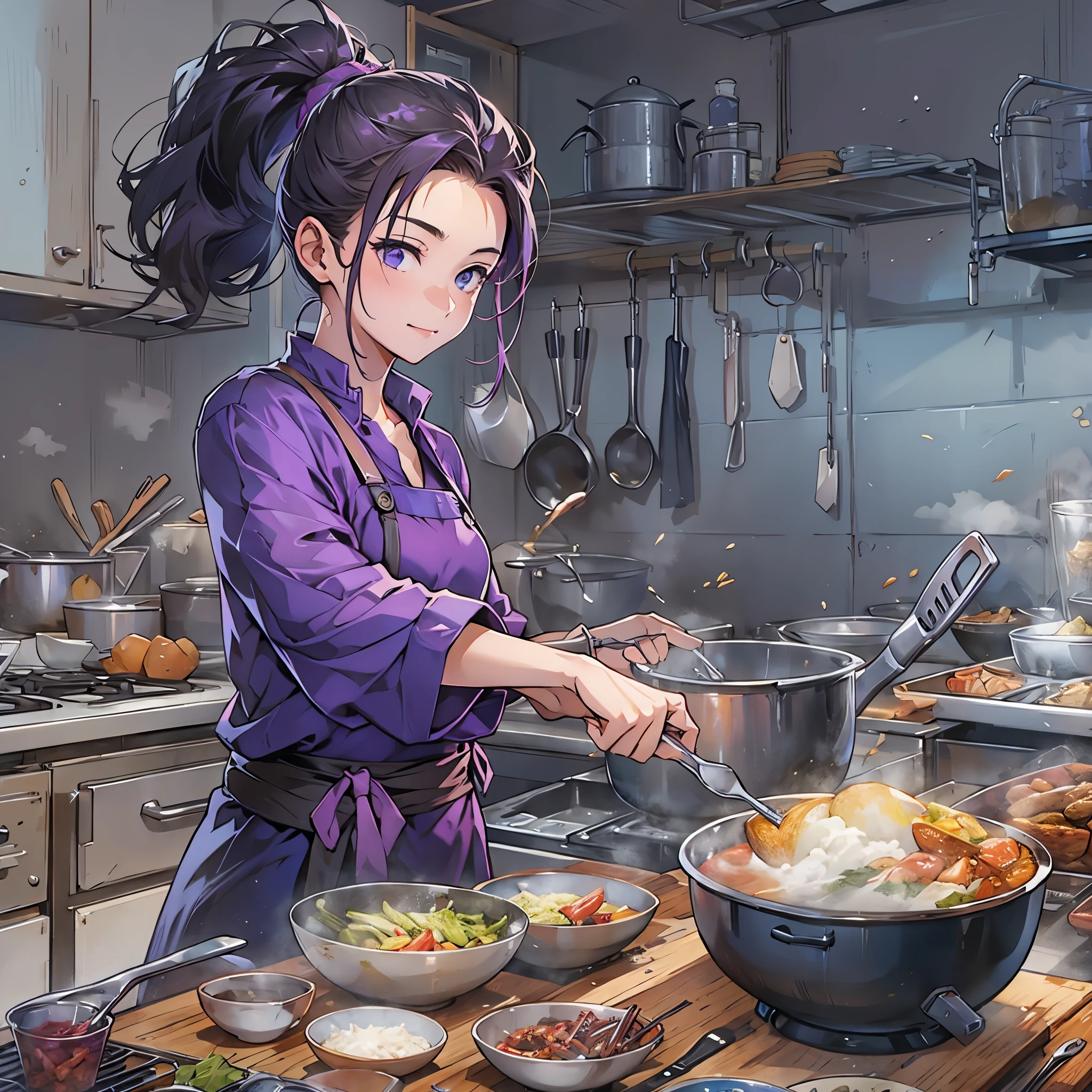 A cool female commander in purple clothes、Create an image of you cooking in your room alone。