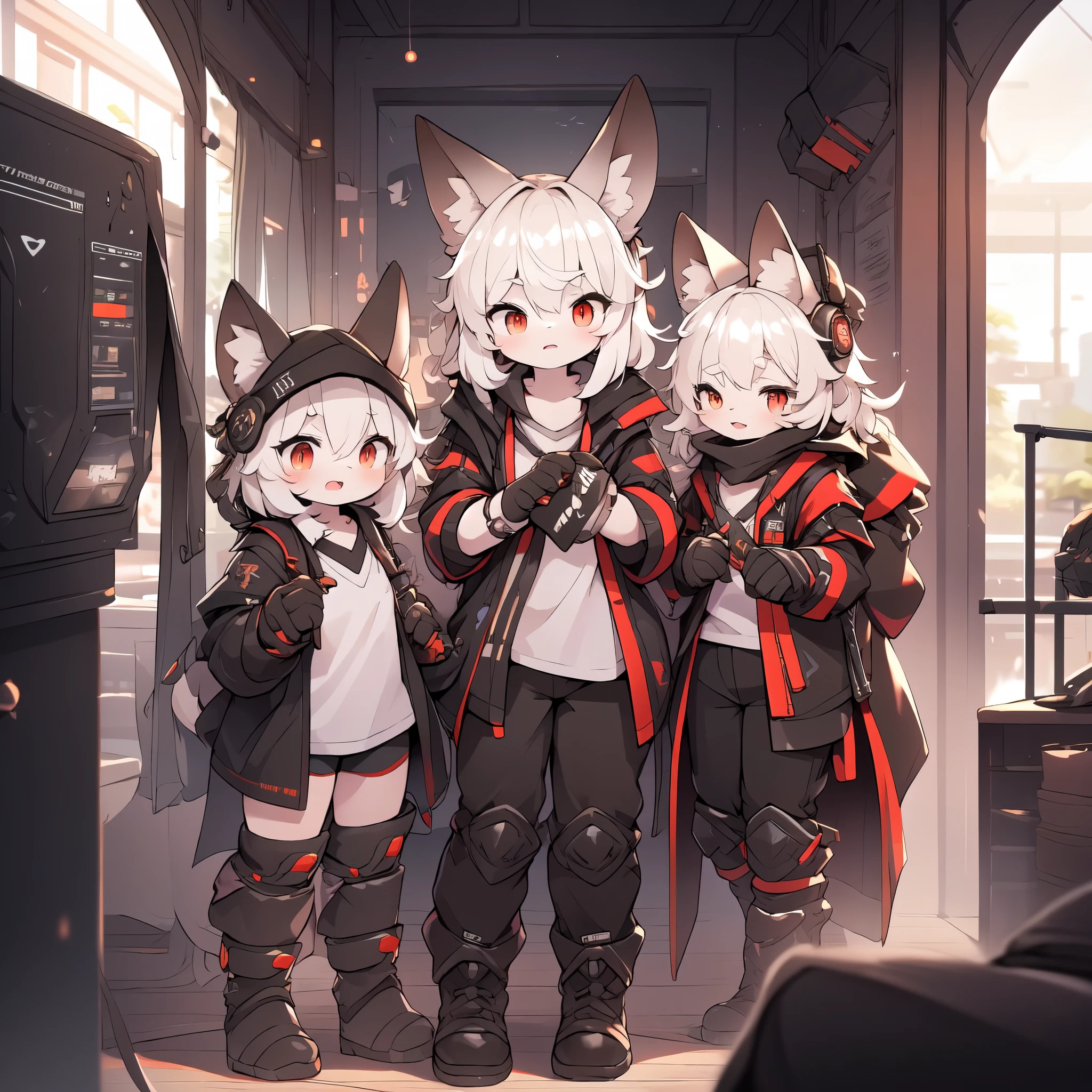 Kawaii, Striped Fluffy Fox, emaciated, long hair, 3girls, flawless skin, life support prosthetics, digital headphones, white long t-shirt, brown pantyhose, loose off-the-shoulder hood open jacket, belted long boots, tactical knee pads, loose Arm Sleeves, cybernetic Display gloves, chest rigs, tactical belts, ray tracing, depth of field, bloom, masterpiece, accurate, extreme detail description, volumetric lighting, rim lighting, chiaroscuro lighting, beautiful detailed face, physically-based rendering, HDR, UHD, anatomically correct, vivid colors, poleaxe