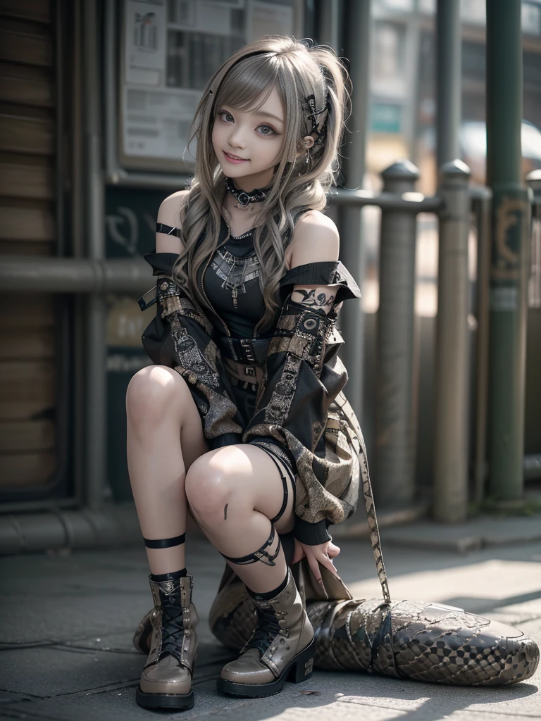 (Side view:1.1)、(Smiling with teeth showing:1.3),(Shibuya Gal:1.5)、(Beautiful:1.5)、(Neo-goth fashion:1.5)、(Punk RockVisual Kei:1.5)、(An off-the-shoulder hoodie in khaki and brown with delicate silver accessories.:1.5)、(A corset with a delicate beige and brown design:1.4)、(Dark grey, khaki and brown snakeskin bodysuit:1.5)、(Snake print headband:1.3)、(Beige and charcoal knee socks:1.4)、Embellished collar and long boots、(I'm selling snake print underwear.:1.4)、(Long eyelashes:1.3)、(20-year-old)、((Highest quality、8k、masterpiece:1.3))、1 Female、Slim and beautiful abs:1.3、(hairstyle casual、Beautiful boobs:1.1)、(Doing an aerobics pose:1.3)、dress:1.1、Super small face、Narrow eyes、double eyelid、A sloppy smile、Esbian all over body、Dynamic Angle、Close-up、CPL Filter、Blurred Background、Bokeh、Blue Hour、Detailed face and skin texture、Detailed eyes、,(Twin tails:1.3)、(Black brown hair:1.3)、Gravure idol、(The background is a glamorous dance hall:1.3)、(Make your legs thinner:1.4)、(Slim Body:1.3)、(clavicle:1.1)