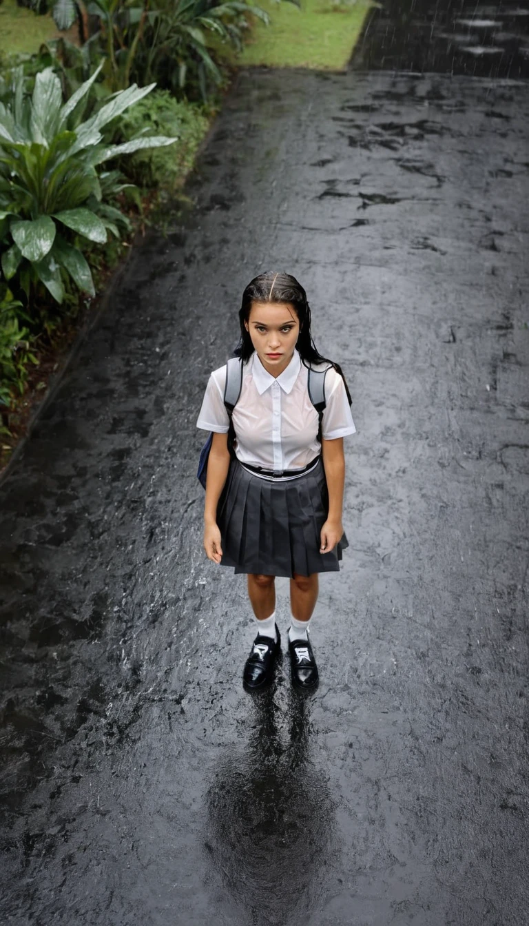 Aerial shot. Pouring rain. A 17 yo girl with long way black hair looking up at the camera above her. She is wearing a plain white shirt with short sleeves, a grey skirt, and a black school belt, marry jane shoes and white socks, and a school backpack from 1970s era, cinematic lighting, back lighting, raining, tropical storm, wet, soaked
