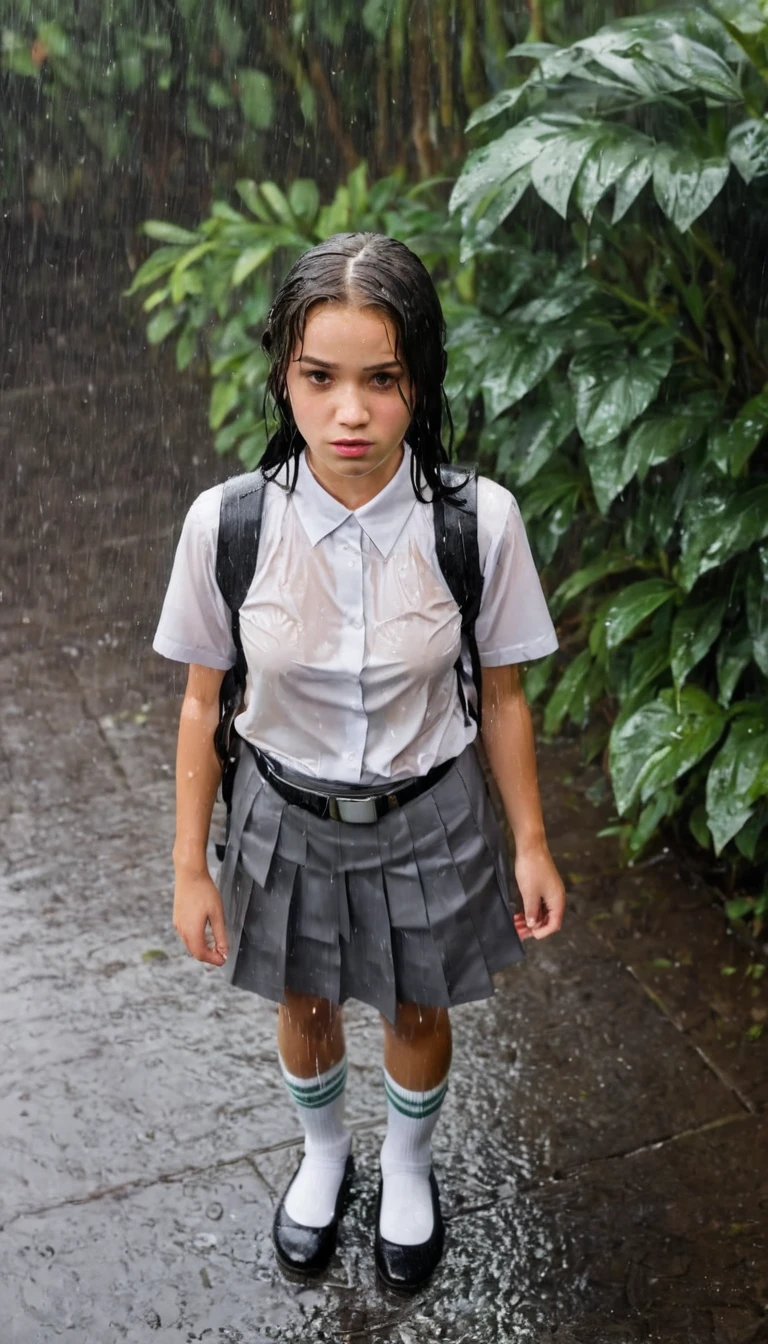 Aerial shot. Pouring rain. A 17 yo girl with long way black hair looking up at the camera above her. She is wearing a plain white shirt with short sleeves, a grey skirt, and a black school belt, marry jane shoes and white socks, and a school backpack from 1970s era, cinematic lighting, back lighting, raining, tropical storm, wet, soaked
