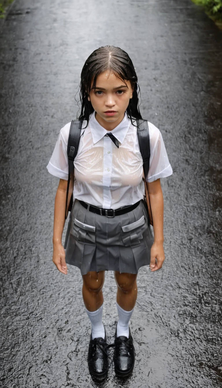 Aerial shot. Pouring rain. A 17 yo girl with long way black hair looking up at the camera above her. She is wearing a plain white shirt with short sleeves, a grey skirt, and a black school belt, marry jane shoes and white socks, and a school backpack from 1970s era, cinematic lighting, back lighting, raining, tropical storm, wet, soaked
