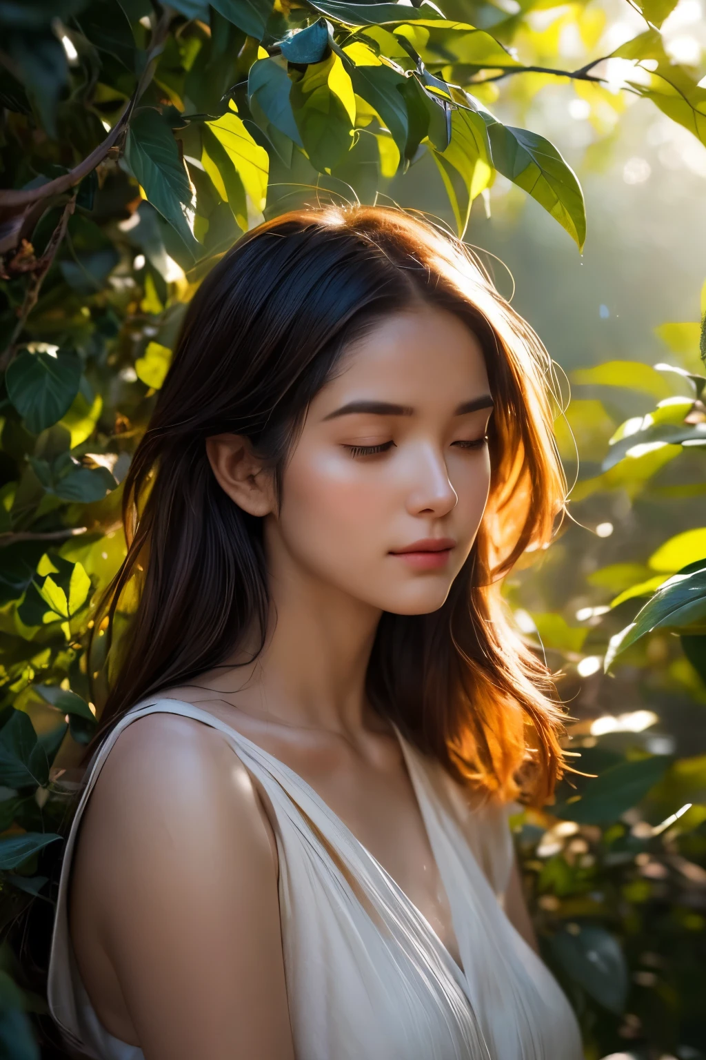 A human head, almost floating, against a dark and neutral backdrop, which is the canvas for a tranquil scene of inner enlightenment. The face is a study in serenity, with closed eyes suggesting a profound state of meditation. The skin is rendered with meticulous realism, each pore and line speaking of the quiet dignity of contemplation. A soft crown of hair frames the forehead, its tendrils intertwining with the emerging branches of a tree that grows from the cranium. This arboreal brain, a marvel of bioluminescence, emits a warm, golden light that bathes the surrounding features. The amber, orange, and gold tones of the tree's 'leaves' and 'trunk' mimic the fiery glow of the setting sun, casting a warm embrace across the face. The light seems to pulse gently with the rhythm of deep, even breaths, infusing the scene with a sense of vitality and calm. The light transitions from a soft glow at the edges of the leaves to a more intense, fiery hue closer to the core, mirroring the journey from conscious thought to the inner sanctum of the soul. The contrast between the vibrant colors of the tree-brain and the subdued human features is striking, drawing the viewer's gaze inward to the epicenter of peace. The realistic textures of skin and hair are juxtaposed with the stylized, almost ethereal quality of the illuminated brain-tree, a visual metaphor for the interplay between the physical and the metaphysical. Subtle digital textures add an otherworldly dimension, hinting at the unseen realms of consciousness. The precise lighting and shading techniques create a tangible depth, as if the tree of knowledge is a beacon in the shadowy landscape of the mind. The brush strokes and digital flourishes that define the artwork are both delicate and bold, weaving a tapestry of tranquility that invites the viewer to pause and reflect. This harmonious fusion of organic and geometric shapes, of light and darkness, captures the essence of a moment suspended between thought and silence.