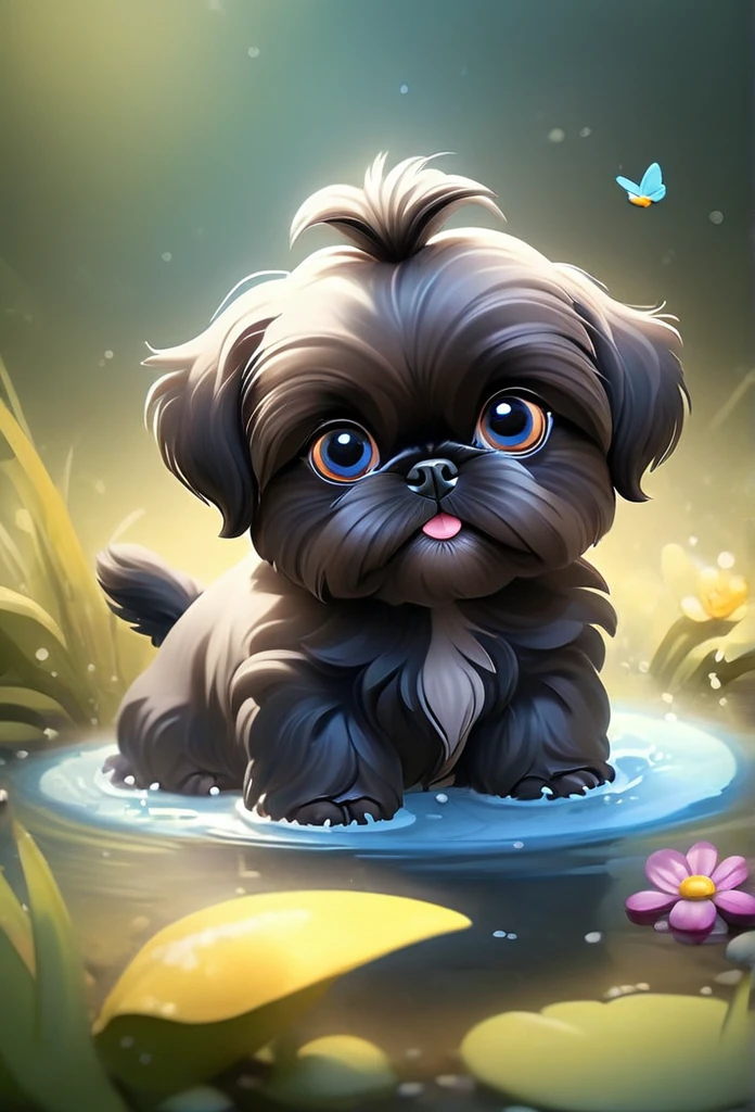 2 adorable very small very black Shih Tzu puppies with big bright blue eyes,extremely detailed eyes and face,longeyelashes,wearing blue collars and sunglasses,playing in creek,butterflies and flowers in background,3D Pixar style,photorealistic,masterpiece,vibrant colors,studio lighting,ultra-detailed,sharp focus,physically-based rendering,professional