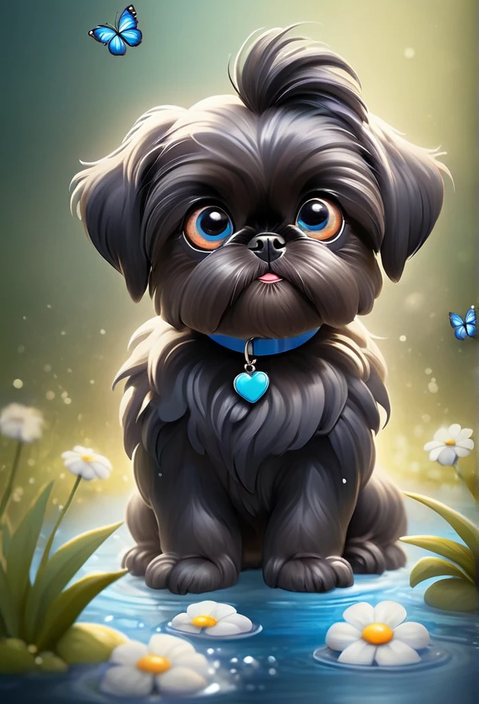 2 adorable very small very black Shih Tzu puppies with big bright blue eyes,extremely detailed eyes and face,longeyelashes,wearing blue collars and sunglasses,playing in creek,butterflies and flowers in background,3D Pixar style,photorealistic,masterpiece,vibrant colors,studio lighting,ultra-detailed,sharp focus,physically-based rendering,professional