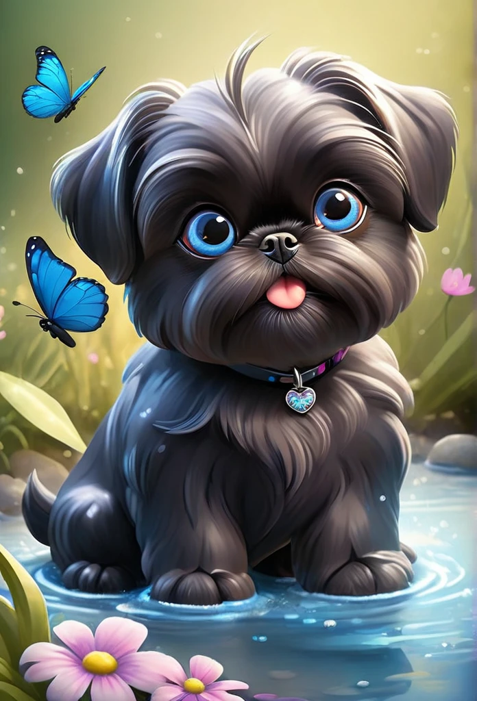 2 adorable very small very black Shih Tzu puppies with big bright blue eyes,extremely detailed eyes and face,longeyelashes,wearing blue collars and sunglasses,playing in creek,butterflies and flowers in background,3D Pixar style,photorealistic,masterpiece,vibrant colors,studio lighting,ultra-detailed,sharp focus,physically-based rendering,professional
