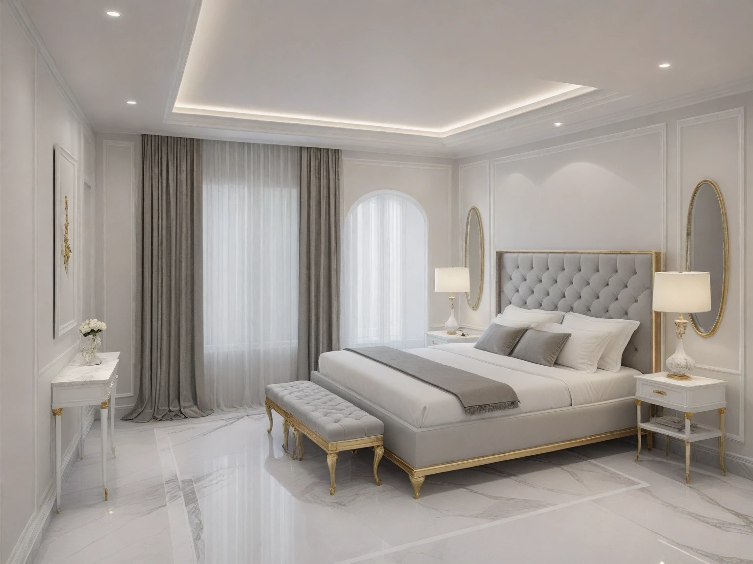 masterpiece, modern ((( bedroom : 1.3 ))) space, luxurious, aristocratic interior design, royal space, ((super detail :1.3))), neoclassical style design, neoclassical interior Modern blend, details, luxurious aristocratic neoclassical kitchen inside, luxurious marble floor, interior illustration, white, gray glossy floor ((1.2)),