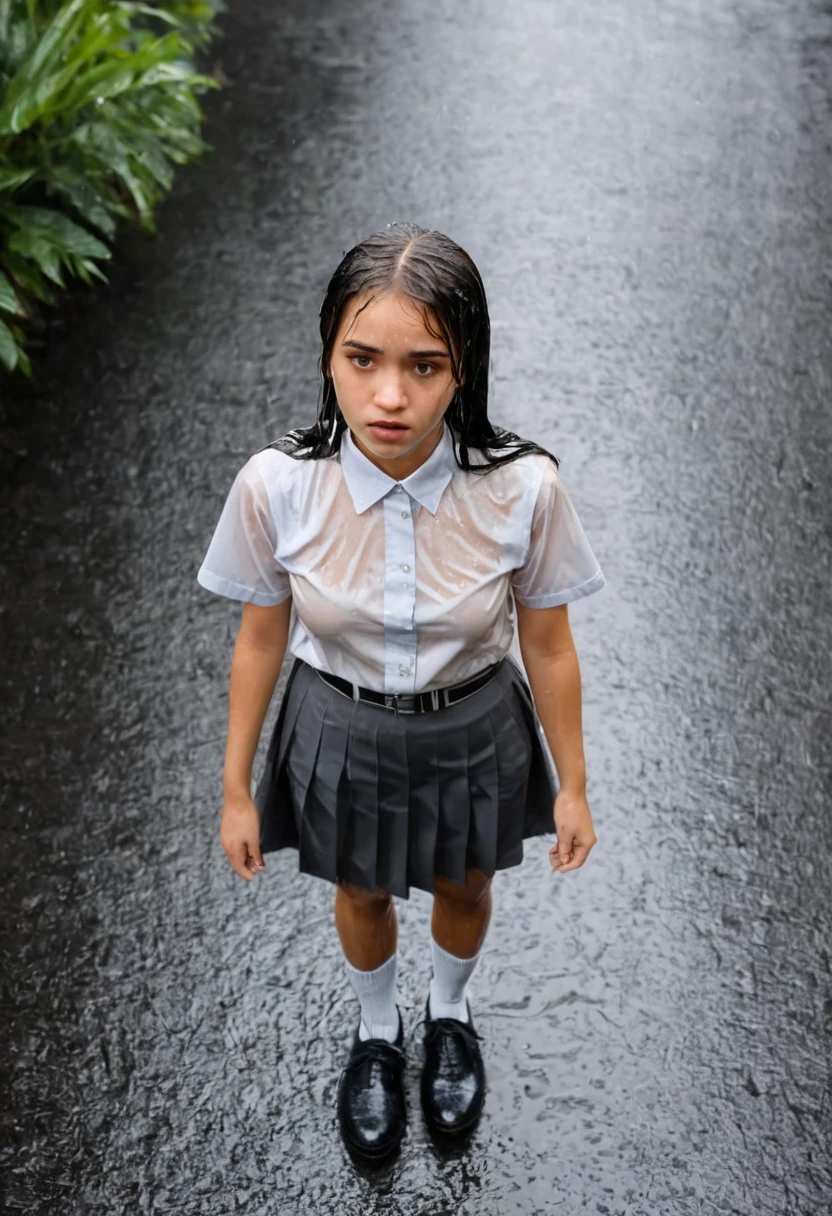 Aerial shot. Pouring rain. A 17 yo girl with long way black hair looking up at the camera above her. She is wearing a plain white shirt with short sleeves, a grey skirt, and a black school belt, marry jane shoes and white socks, and a school backpack from 1970s era, cinematic lighting, back lighting, raining, tropical storm, wet, soaked
