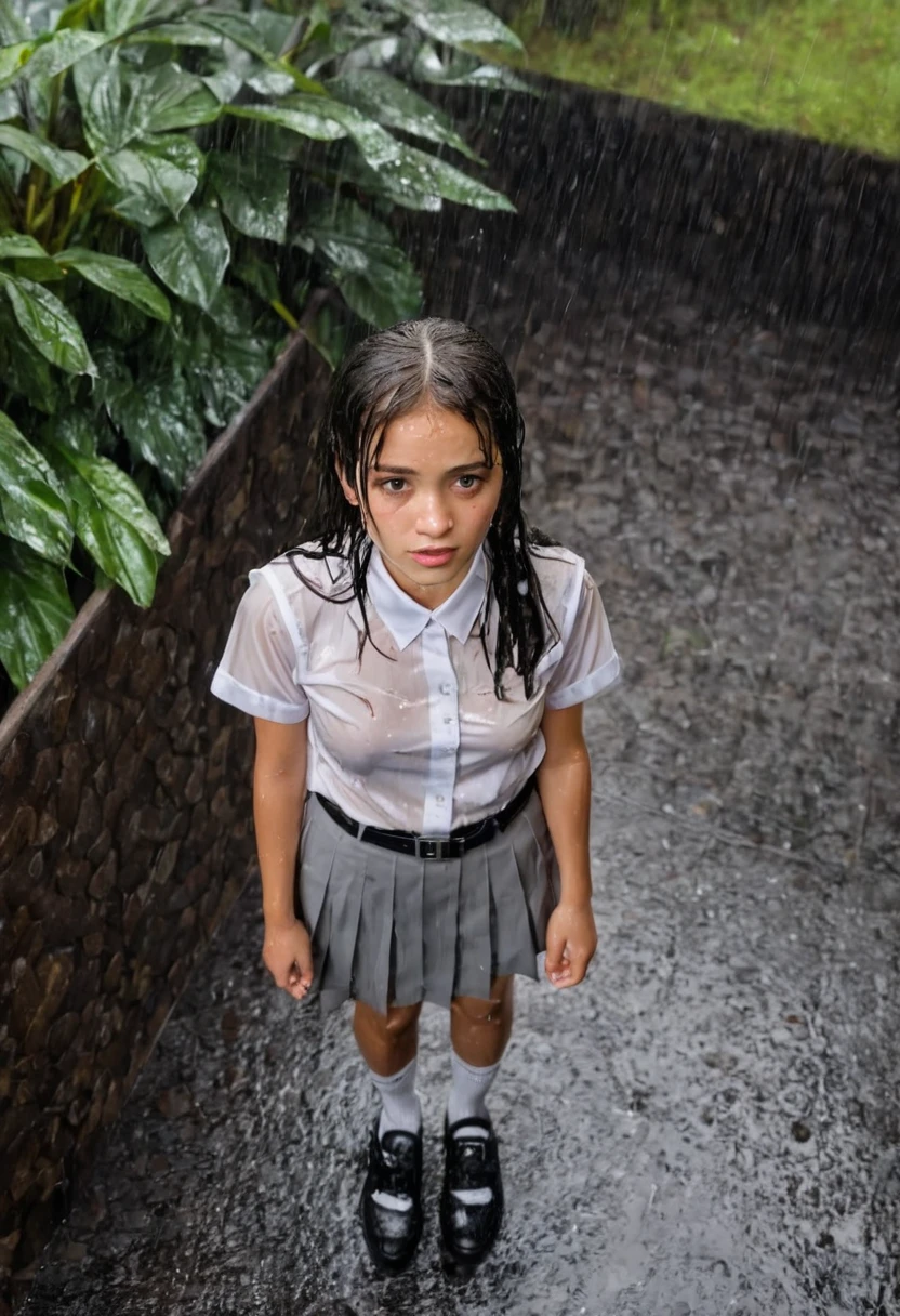 Aerial shot. Pouring rain. A 17 yo girl with long way black hair looking up at the camera above her. She is wearing a plain white shirt with short sleeves, a grey skirt, and a black school belt, marry jane shoes and white socks, and a school backpack from 1970s era, cinematic lighting, back lighting, raining, tropical storm, wet, soaked
