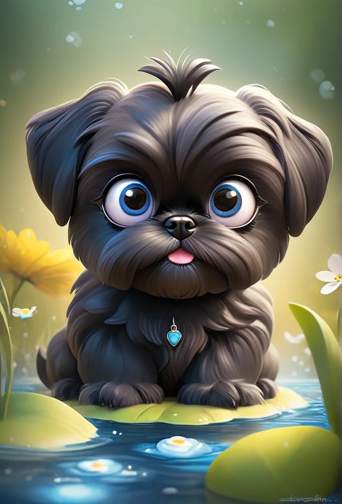 2 adorable very small very black Shih Tzu puppies with big bright blue eyes,extremely detailed eyes and face,longeyelashes,wearing blue collars and sunglasses,playing in creek,butterflies and flowers in background,3D Pixar style,photorealistic,masterpiece,vibrant colors,studio lighting,ultra-detailed,sharp focus,physically-based rendering,professional
