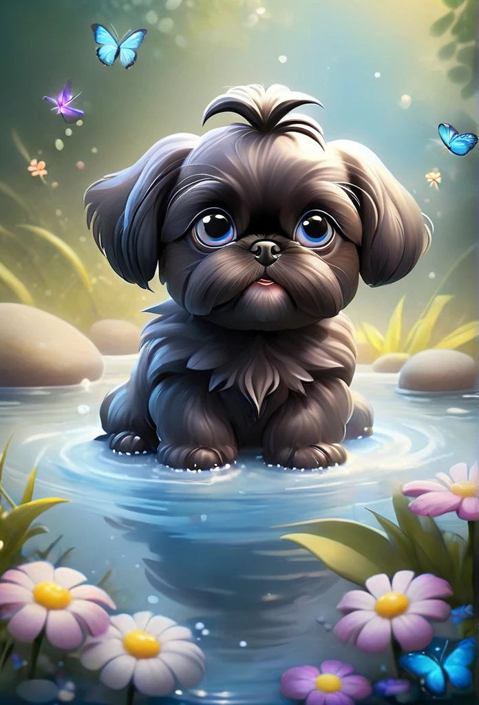 2 adorable very small very black Shih Tzu puppies with big bright blue eyes,extremely detailed eyes and face,longeyelashes,wearing blue collars and sunglasses,playing in creek,butterflies and flowers in background,3D Pixar style,photorealistic,masterpiece,vibrant colors,studio lighting,ultra-detailed,sharp focus,physically-based rendering,professional