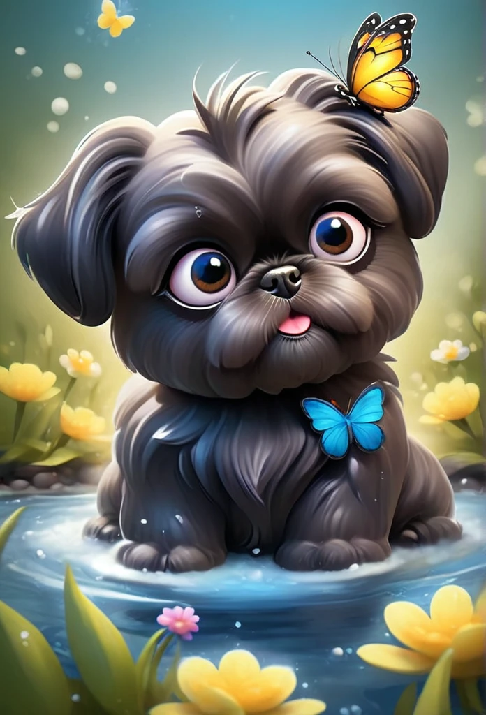 2 adorable very small very black Shih Tzu puppies with big bright blue eyes,extremely detailed eyes and face,longeyelashes,wearing blue collars and sunglasses,playing in creek,butterflies and flowers in background,3D Pixar style,photorealistic,masterpiece,vibrant colors,studio lighting,ultra-detailed,sharp focus,physically-based rendering,professional