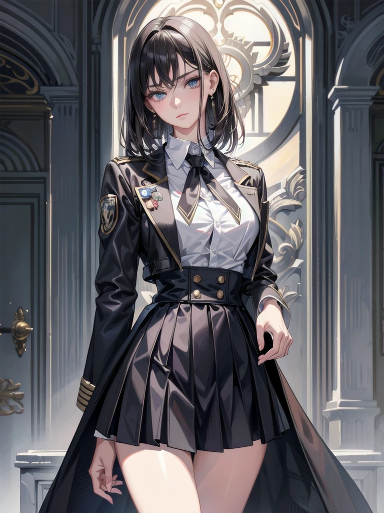 absurdres, RAW photo, extremely delicate and beautiful, masterpiece, Best Quality, ultra high resolution, 32k, hyperrealistic, ultra-detailed, perfect anatomy, anatomically correct, perfect figure, Perfect Style, Perfect balance, super Detailed skin, in her 30s, very Slim body, narrow waist, very small head, very small face, delicate facial features, handsome detailed woman, very detailed eyes and face, realistic face proportions, Realistic beautiful face, Realistic beautiful eyes, tearful mole, earring, big tits, whole body shot, medium hair, military jacket, school_uniform, skirt, (dress shirt:1.2),