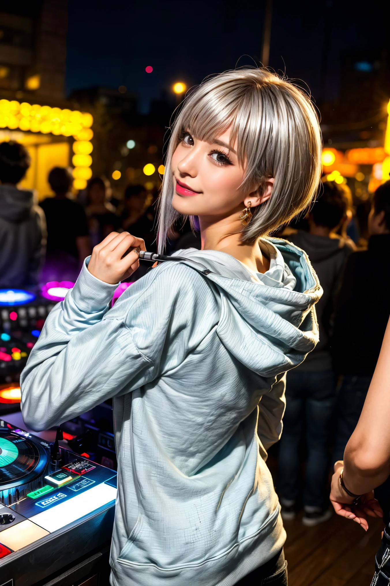 Highest quality, Tabletop, Ultra-high resolution, (Realistic:1.4), (Japanese Idols),RAW Photos, One Girl, night,Detailed skin,nightclub,Disco,(blonde:1.2), (Silver inner hair:1.3),Glossy Lips,smile,21 years old,Beautiful and beautiful eyes,eye shadow,Diamond jewellery,Earrings,Gold Jewelry,(hoodie:1.3),,(Shoulder strengthening:1.2),A well-trained body,(Pixie Cut),Round face,(playing music as a DJ:1.5),  (DJ:1.2) Vibrant performances (Music Festival:1.2) and (Lively crowd:1.1) and (Colorful stage lighting:1.1), (Back view:1.5 ),Back view,(A slightly distant composition),(back of head),Composition from behind