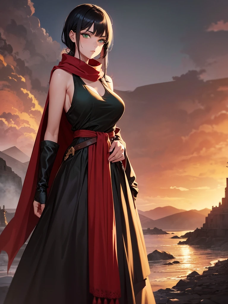 medieval setting, full view of body, 1 skinny female with large breast, beatiful smokey green eyes, black hair pinned up, shoulder free beautiful kurtisan dress, red scarf around her neck, eerie sunset