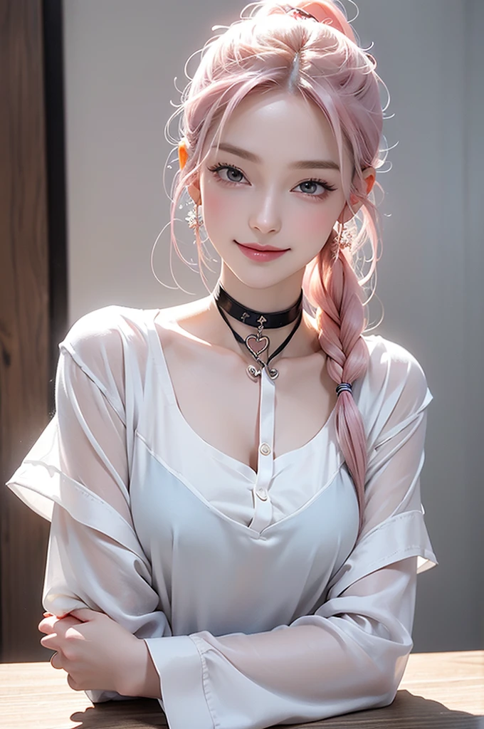 1 Girl,（mesmerizing quality：1.4），（Highest quality leather texture), Delicate face,Pink double ponytail hairstyle, Gradient hair, （Perfect body：1.1），heart choker、Long eyelashes,Grin, Surrealism, light, Projection Insertion, Surrealism, Ultra HD, On the table，Keep dreaming，Please wear transparent silk pajamas,cametto，Tattoo，Fantasy Space，Luxurious space