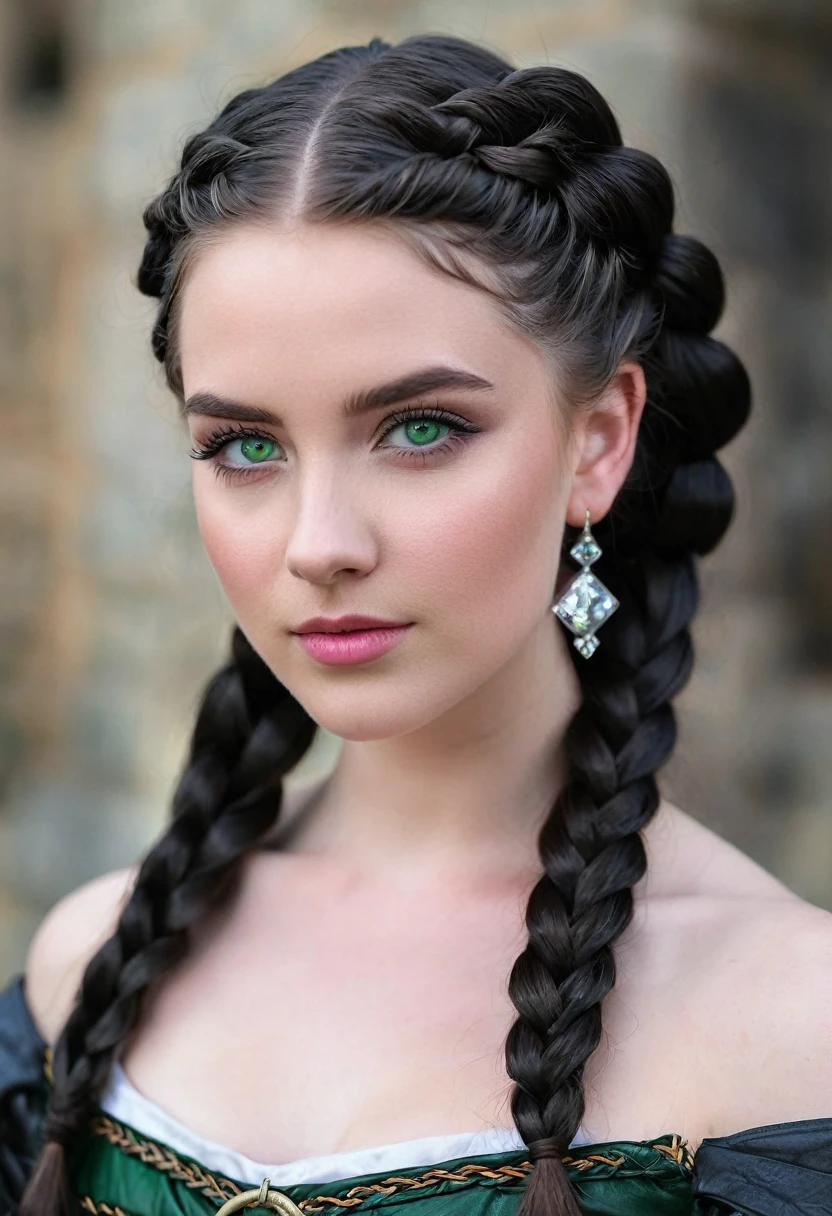 a 25 year old girl, curled hair, long, black obsidian braids tied into a medieval braid, greeneyes, fair skin and diamond-shaped face, full, pink lips wearing a medieval black leather outfit with arrogant posture