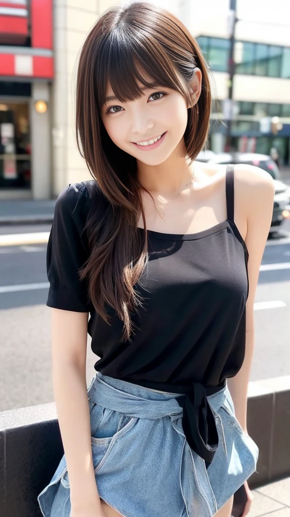 Attractive girl、Stunning girl、Shoulder-length layers、Asymmetrical bangs、Japanese Idols、Sophisticated、stylish、shibuya、Waist-down angle、smile、白ワイシャツ、ショートデニムパンツ