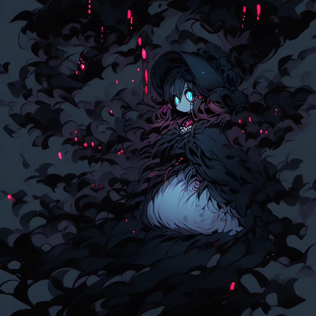 (well done: 1) small creature made completely of darkness, black hair, long straight hair, black sheep ears, black sheep tail, large hat, large white eyes, black poncho with hood, white dress stripped underneath, black boots .