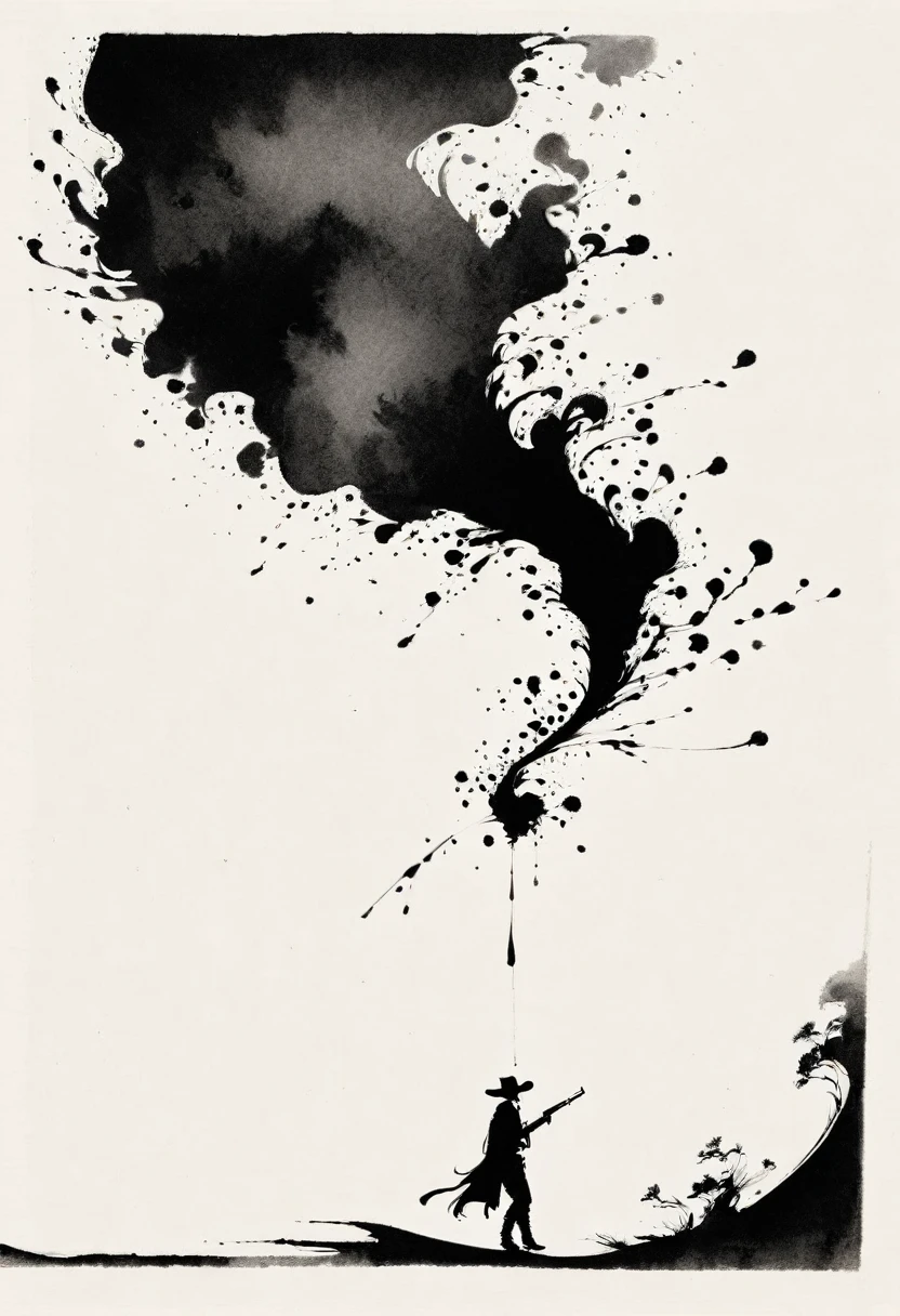 中国Ink Painting, Gray and White, at the lowest limit,White background,Footprinting, Minimalism, Huge negative space, Ink Painting, Abstract,(A western cowboy:1.5),