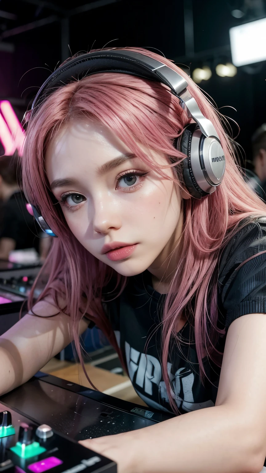 Pink Hair Girl, Paper by Morena Clara, With gal make-up, On the DJ table, wearing a gal outfit and headphones