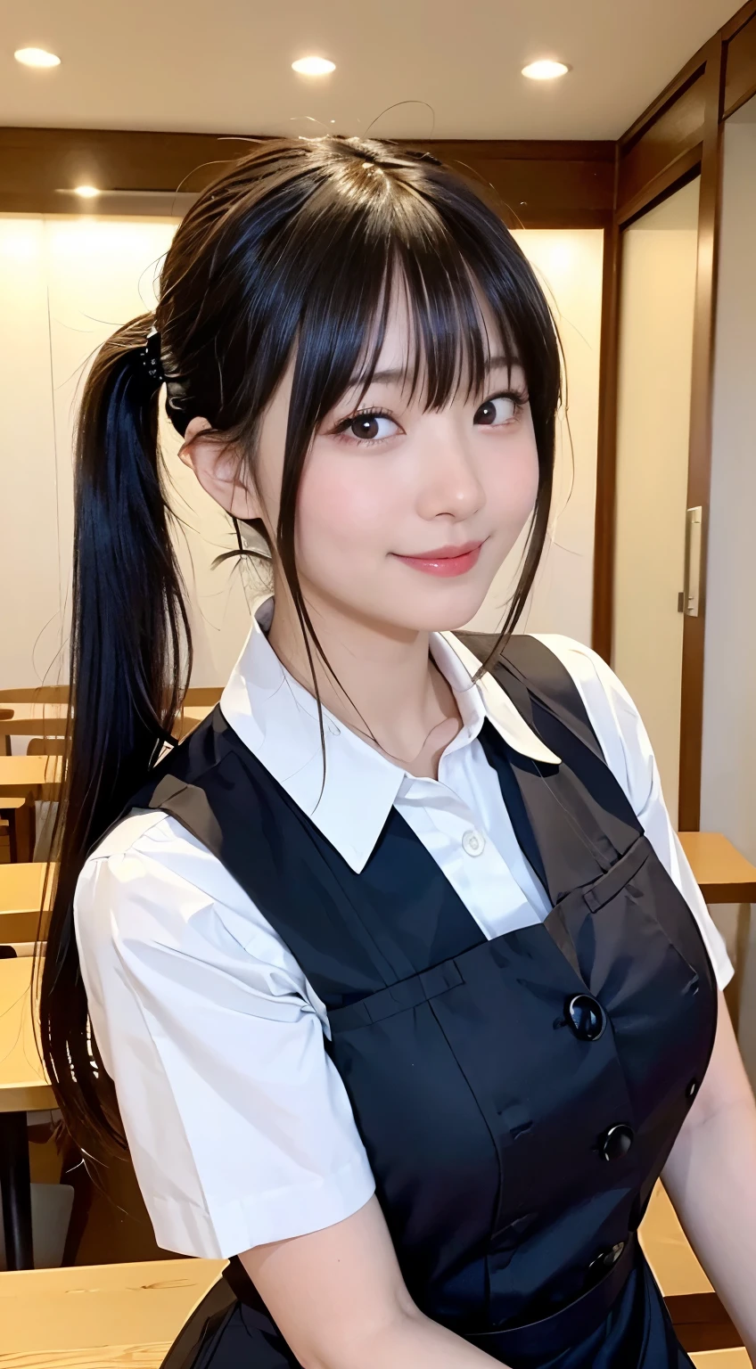 (Highest quality,masterpiece:1.3,Ultra-high resolution,),(Very detailed,Caustics),(Realistic:1.4,RAW shooting,)Ultra-Realistic Capture,Very detailed,High resolution 16K human skin closeup。 Natural skin texture、,pores、、、、It must be detailed enough to be easily identifiable。 Skin tone is even and healthy looking。 Use natural light and colour,restaurant,Waitress Uniform,1 girl,Japanese,18-year-old,cute,Black-haired,ponytail,Big Breasts,smile,Turn your body forward,(Front view:1.1),Looking into the camera,Cowboy Shot,
