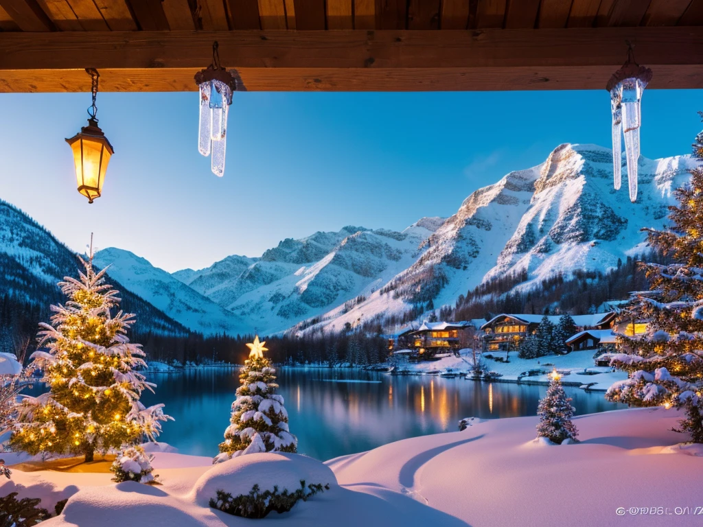 A beautiful winter landscape, 1 Christmas tree, snow-covered mountains, a frozen lake, warm cozy lighting, magical atmosphere, (best quality,4k,8k,highres,masterpiece:1.2),ultra-detailed,(realistic,photorealistic,photo-realistic:1.37),3D rendering,highly detailed,intricate details,vivid colors,dramatic lighting,volumetric fog,cinematic composition,snow, icicles, holiday decorations, warm color tones