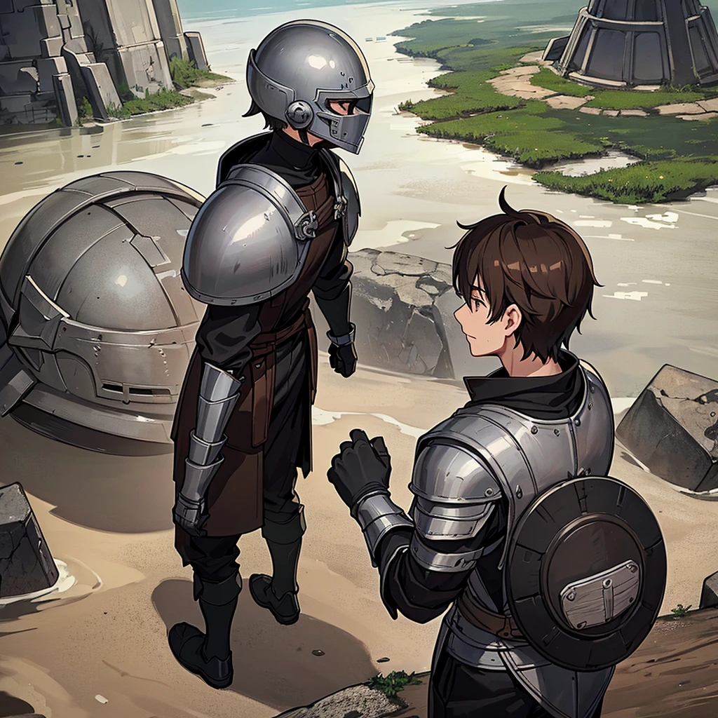 Best illustrations、Best Quality、(have a round shield)、(((Simple grey armor、Black trousers、Black gloves、Short Hair、Brown Hair、20 year old man、Iron Helmet、Iron helmet)))、(((Fighting Pose)))、(Old ruins、desert。Grass)、(Black, muddy swamp)、(Medieval Knight)、(Close your eyes、get annoyed、Open your mouth、Get angry、Sweat)、battlefield、(From above、From the back)、Sea of mud、Black Sea、Black Deep Sea