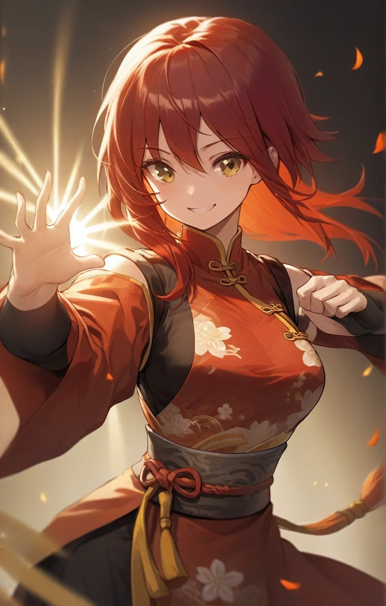 woman, human, adventurer, chinese costume, kung fu, elegant, bust shot, flat chest, red hair ,happy , childish ,sun light bloom