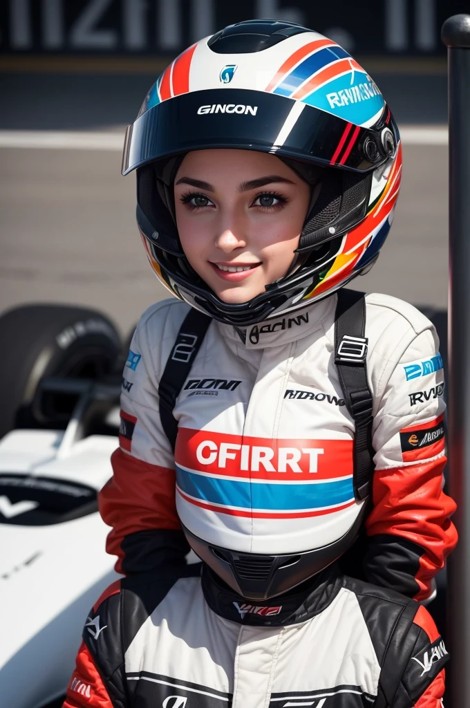 She is a young and talented Formula 1 driver, with a captivating smile and bright eyes that reflect his passion for racing. Your hair is short and well groomed, highlighting your expressive and determined face. She wears a helmet inspired by Ayrton Senna's iconic design, with the vibrant colors of Brazil: yellow, green and blue.