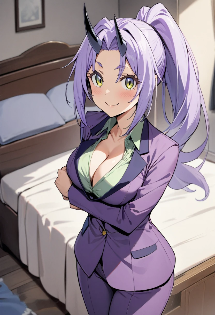 1girl, shion \(tensei shitara slime datta ken\), tensei shitara slime datta ken,One black horn growing out of the forehead,purple hair,pony tail,A purple blazer,green collared shirt,longsleeve,cleavage,purple pants suit,room,smile,confident,masterpiece, best quality, absurdres,