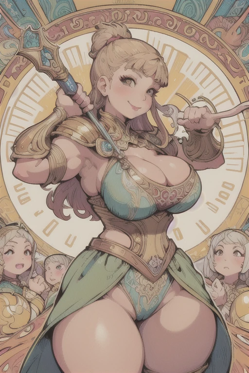 ((Mucha's style)),(vulgar),Big-breasted Pussy Woman Warrior, full view,Sexy poses,vulgar smile,gold haired,muscular woman,(heavy Gold armour))
