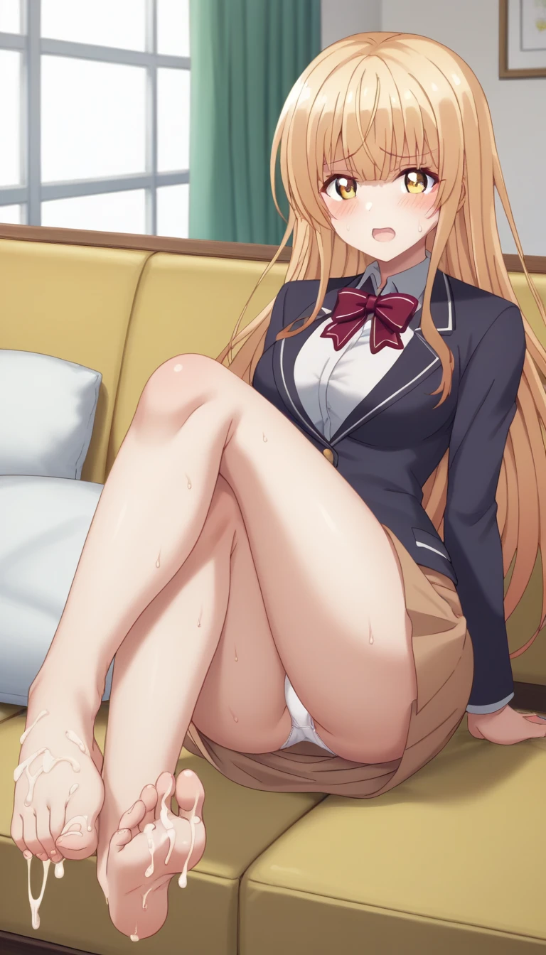 score_9, score_8_up, score_7_up, rating_explicit, 1girl, solo, MahiruShiina, otonari no tenshi-sama ni itsu no mani ka dame ningen ni sarete ita ken, shiina mahiru \(otonari no tenshi-sama\), yellow eyes, blonde hair, long hair, straight hair, medium breasts, white collared shirt, red bowtie, blazer, long sleeves, brown skirt, cum on body, brown skirt, white panties, bare legs, crossed legs, sweat, cum on feet, looking at viewer, sofa, sitting on sofa, white pillow, indoors, living room background, blush, open mouth,