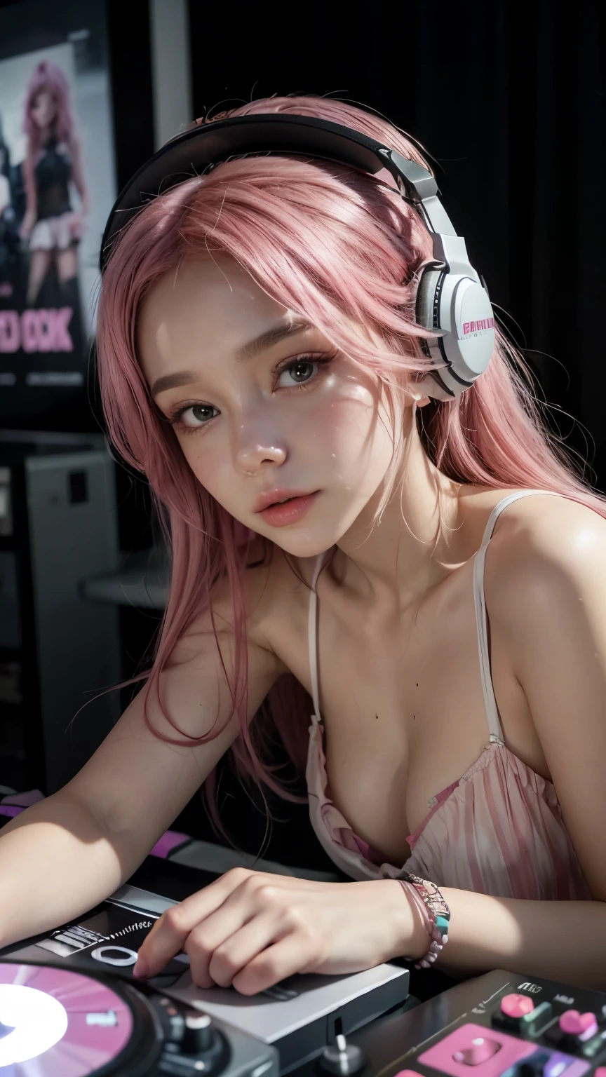 Pink Hair Girl, Paper by Morena Clara, With gal make-up, On the DJ table, wearing a gal outfit and headphones