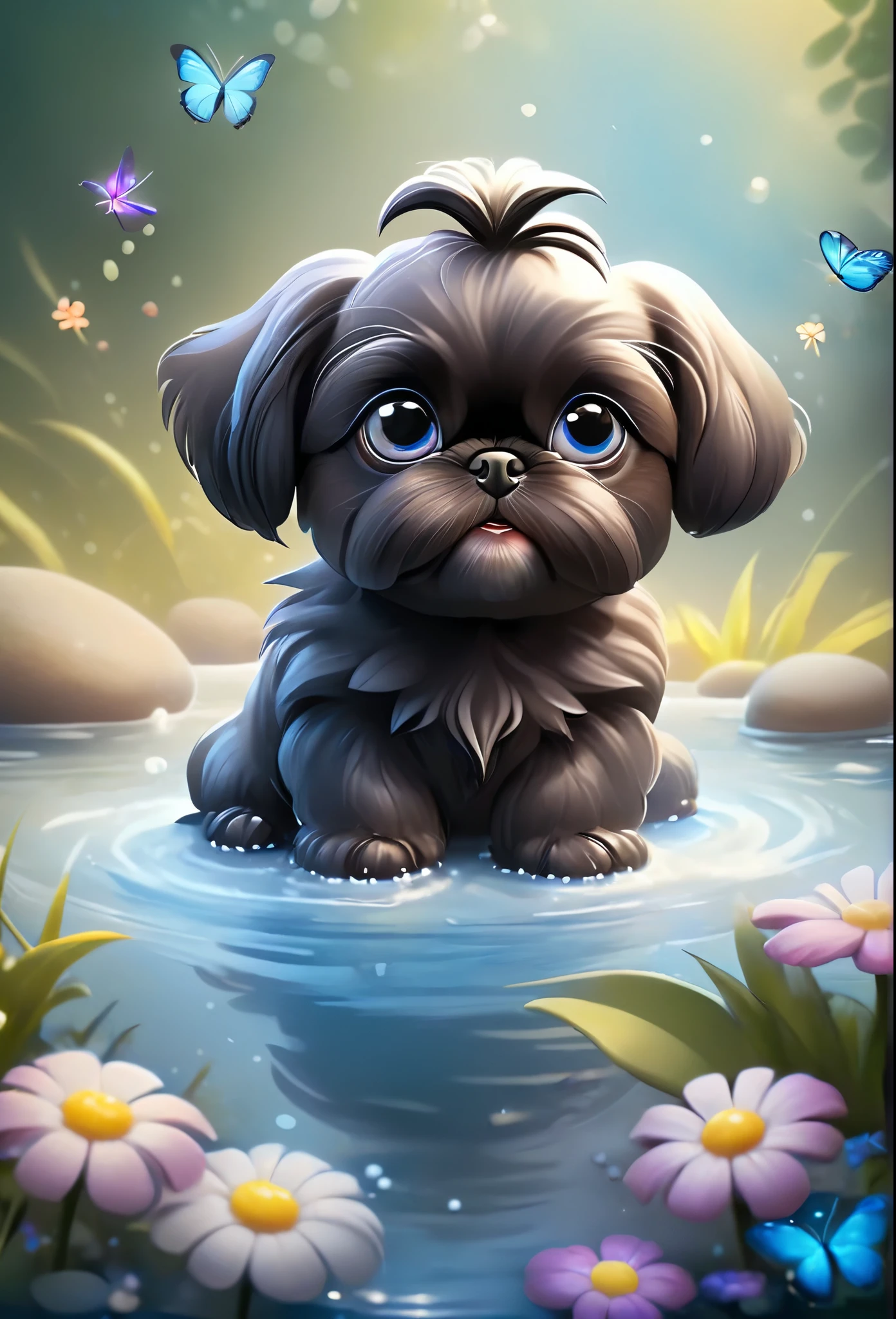 2 adorable very small very black Shih Tzu puppies with big bright blue eyes,extremely detailed eyes and face,longeyelashes,wearing blue collars and sunglasses,playing in creek,butterflies and flowers in background,3D Pixar style,photorealistic,masterpiece,vibrant colors,studio lighting,ultra-detailed,sharp focus,physically-based rendering,professional
