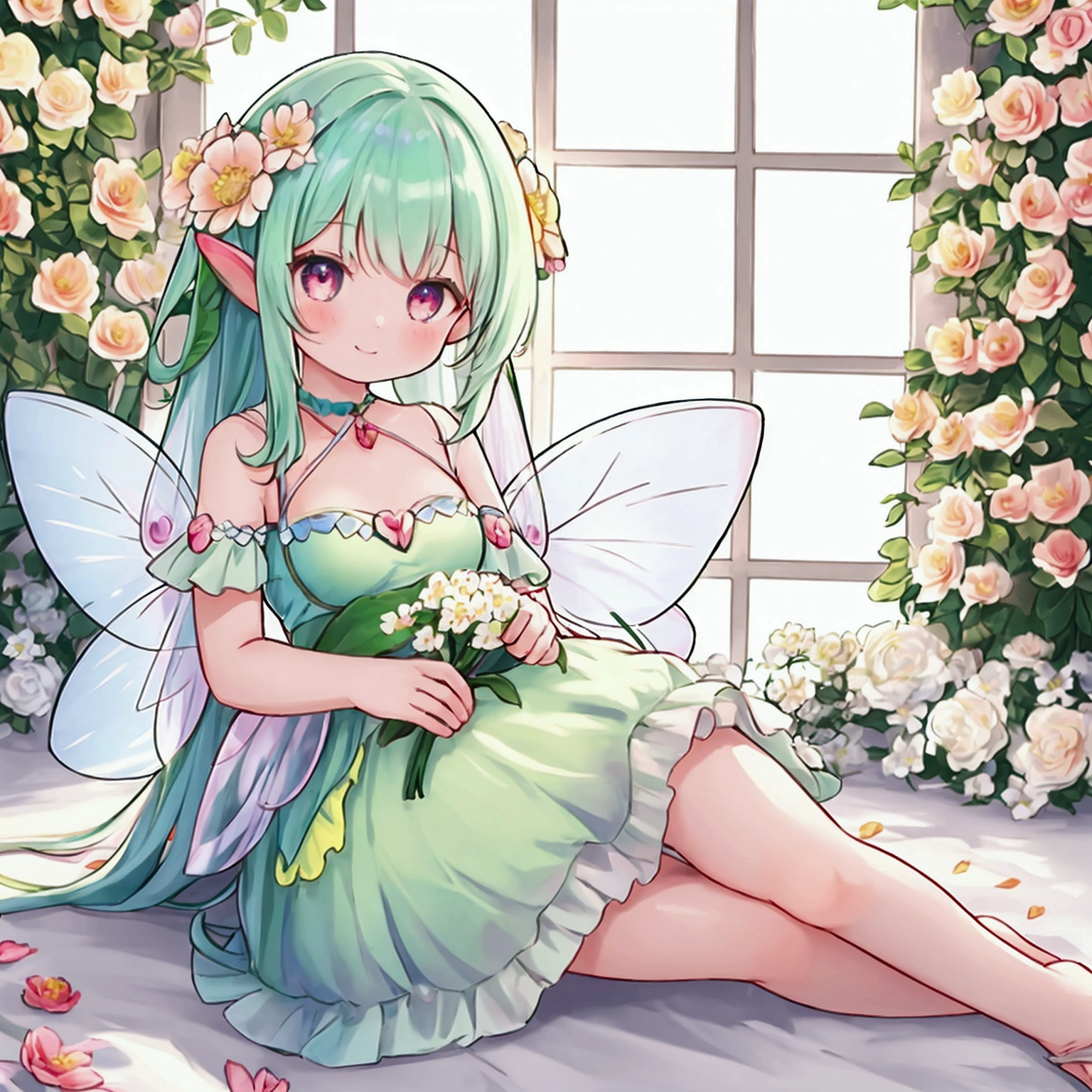 One girl, High resolution, Long Hair, Gaze, smile, (((Flower Fairy)))rose、Dahlia、Gypsophila、camellia、colorful