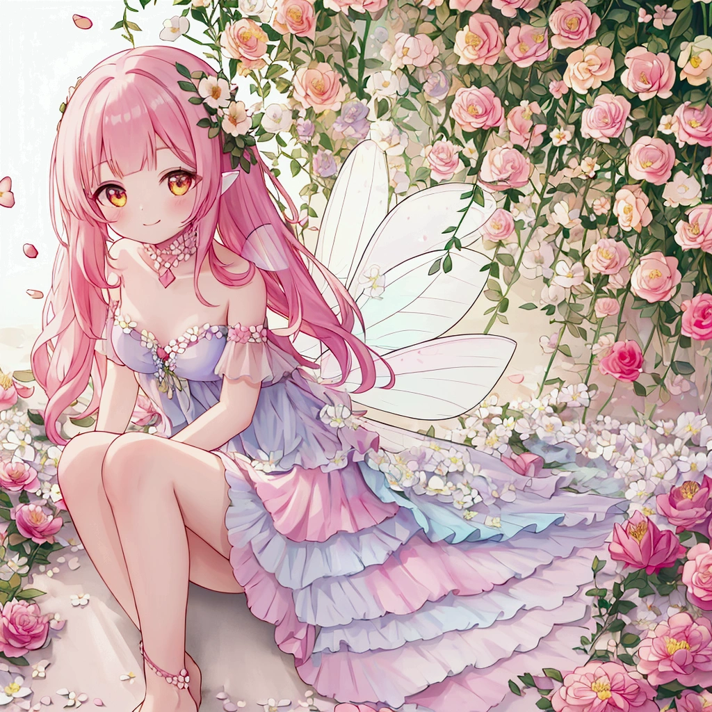 One girl, High resolution, Long Hair, Gaze, smile, (((Flower Fairy)))rose、Dahlia、Gypsophila、camellia、colorful