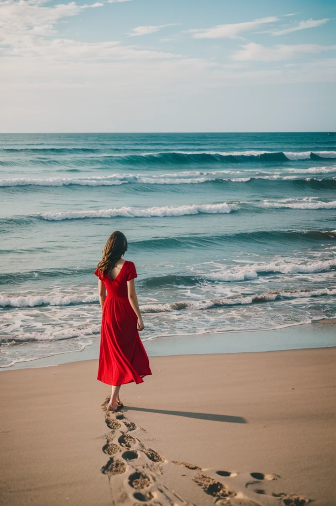 A girl in a red dress stands on the beach by the sea